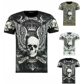 Herren Biker T-Shirt Skull Strass Rocker Shirt Slim Fit Totenkopf  S-3XL 9357